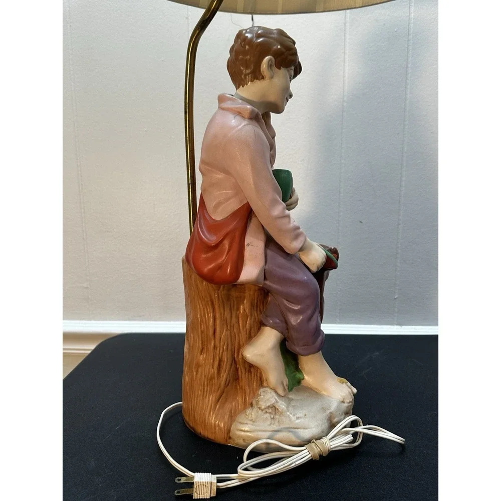 Vintage Taiwan Figural Table Lamp Boy Feeding Dog Watermelon Ceramic 31 Inch Sha